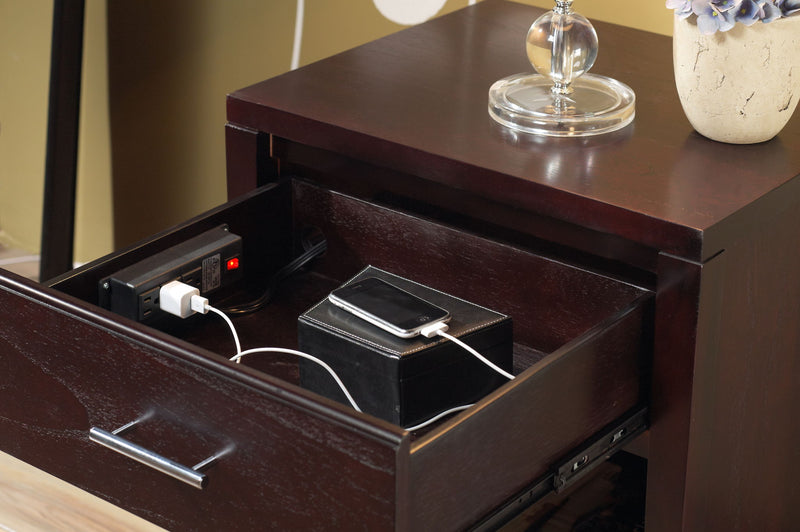 Modus Nevis Charging Station Nightstand in espresso finish, featuring a sleek standalone design with built-in charging ports.