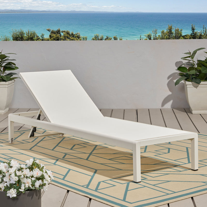 Noble House outdoor patio chaise lounge with five adjustable reclining positions, featuring a sleek design and comfortable cushions.