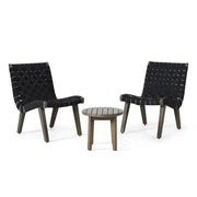 Outdoor Noble House 3-piece rope weave patio seating set with cushioned chairs and table, ideal for garden or patio spaces.