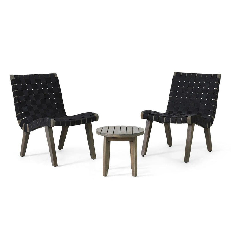 Outdoor Noble House 3-piece rope weave patio seating set with cushioned chairs and table, ideal for garden or patio spaces.