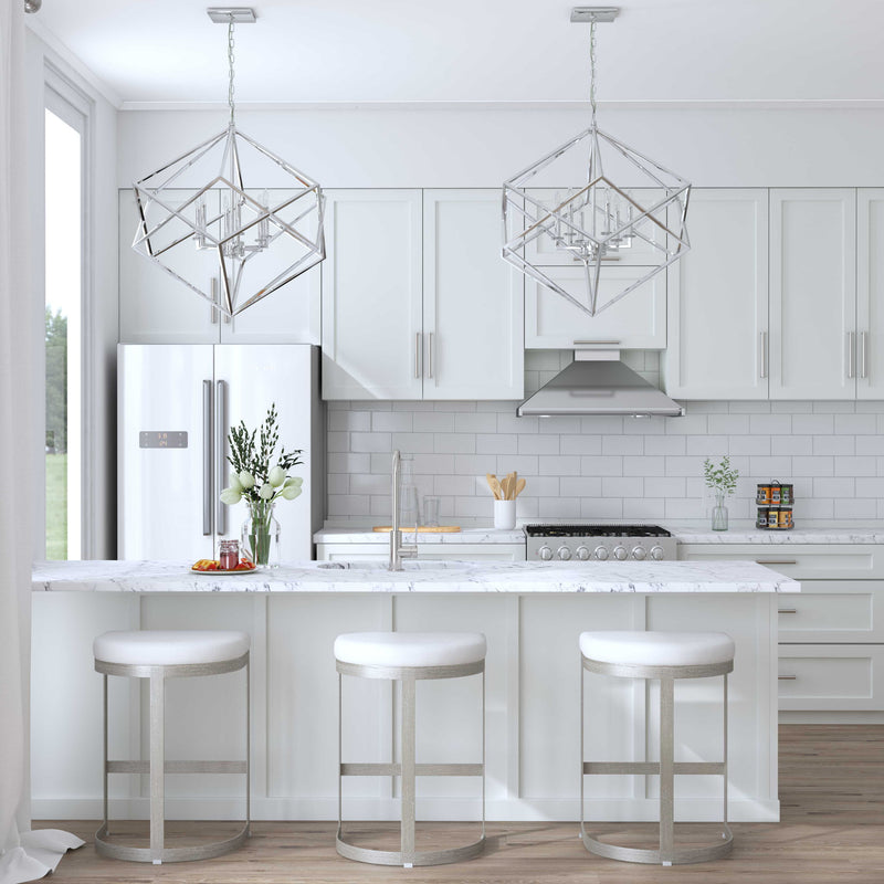 Uttermost Euclid 6-Light Cube Pendant in Nickel hanging with geometric cube design for modern pendant lighting.