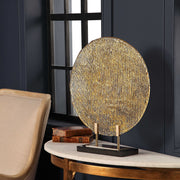 Uttermost Layan Art Glass Charger sculpture in gold with intricate sculpted details, ideal for decorative display.