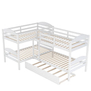 White twin L-shaped bunk bed with trundle from DreamHaus, featuring sturdy frame and space-saving design for kids' bedrooms.