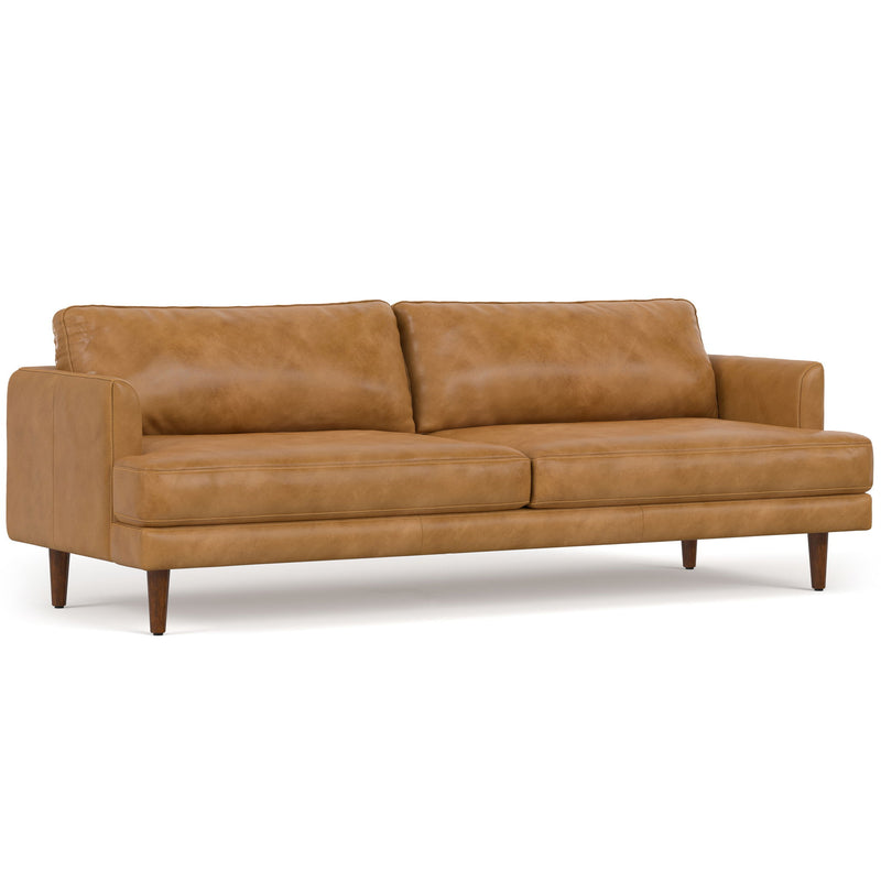 Livingston upholstered stationary sofa by Simpli-Home with plush fabric and cushioned backrest in a modern living room setting.