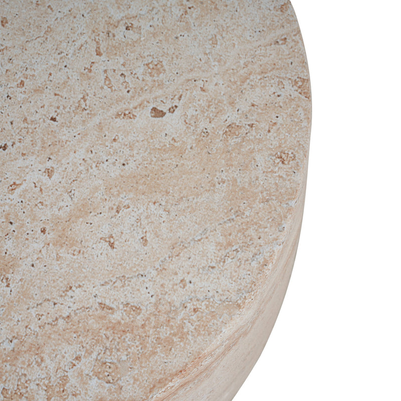 Beige Noble House concrete side table with travertine top, suitable for outdoor or indoor use, lightweight and stylish.