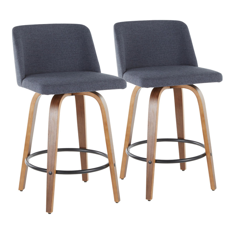 Lumi Source Toriano mid-century modern counter stool set of 2 with wooden legs and round seats, ideal for kitchen or bar area.