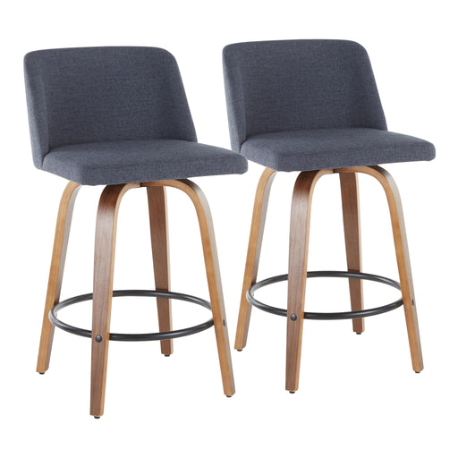 Lumi Source Toriano mid-century modern counter stool set of 2 with wooden legs and round seats, ideal for kitchen or bar area.