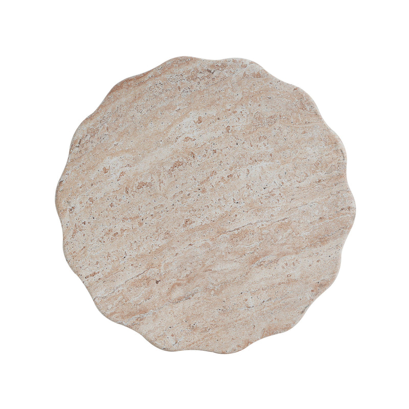 Beige lightweight concrete side table with travertine top, suitable for indoor or outdoor use, by Noble House.