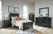Signature Design by Ashley Lanolee 6-piece panel bedroom set with bed, dresser, and nightstands in a modern bedroom layout.