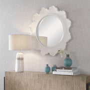 Uttermost white round wall mirror with sea coral design, decorative coastal-inspired wall decor for living room or hallway.