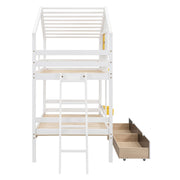 DreamHaus bunk bed with playful house roof and window, featuring a sturdy wooden frame and cozy sleeping spaces.