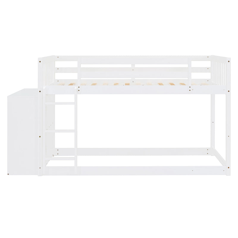 DreamHaus bunk bed with built-in four drawers and three shelves, showcasing a sturdy wooden frame and ample storage space.