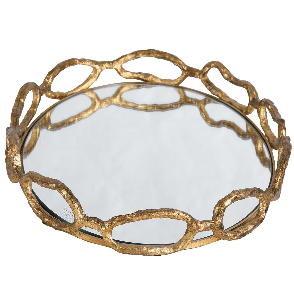 Gold chain mirrored tray by Uttermost, showcasing a luxurious rectangular tray with chain detail and reflective mirrored surface.