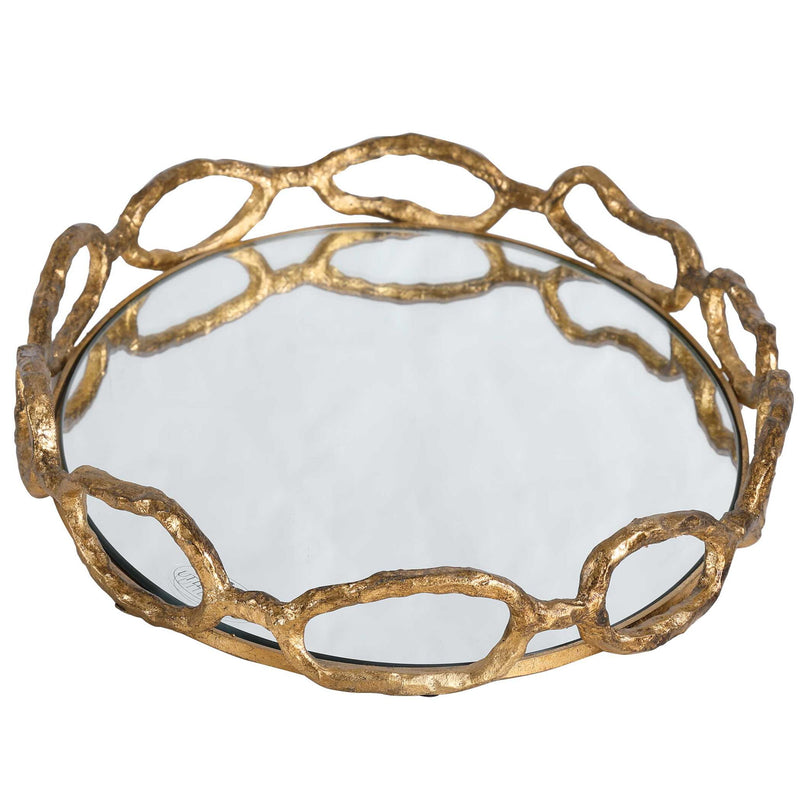 Gold chain mirrored tray by Uttermost, showcasing a luxurious rectangular tray with chain detail and reflective mirrored surface.
