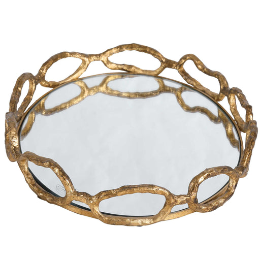 Gold chain mirrored tray by Uttermost, showcasing a luxurious rectangular tray with chain detail and reflective mirrored surface.