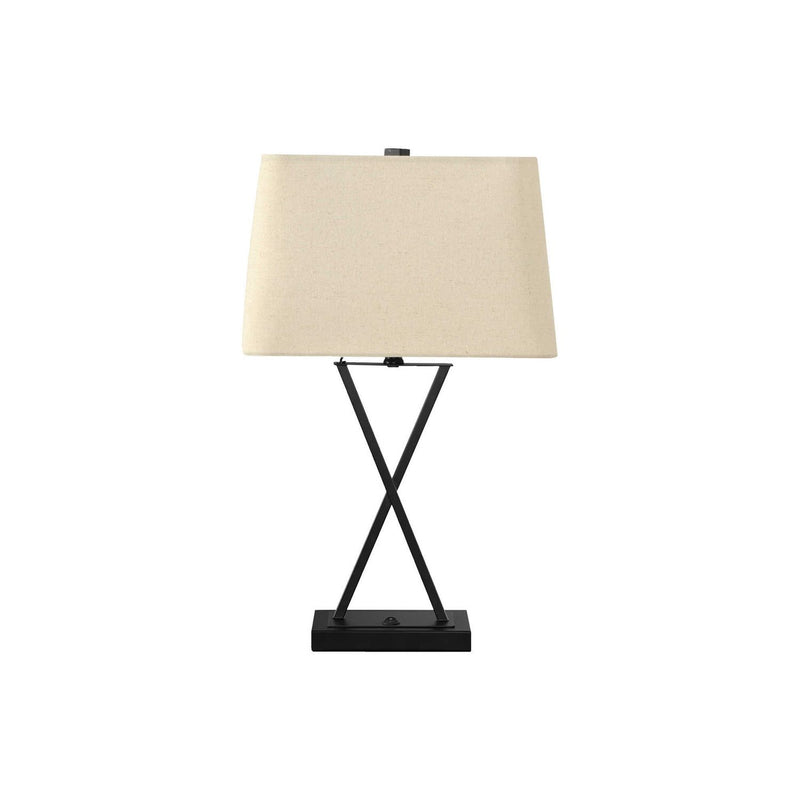Black resin table lamp with USB port from 8th Street, featuring a transitional style and a sleek, modern design.