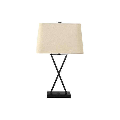 Black resin table lamp with USB port from 8th Street, featuring a transitional style and a sleek, modern design.