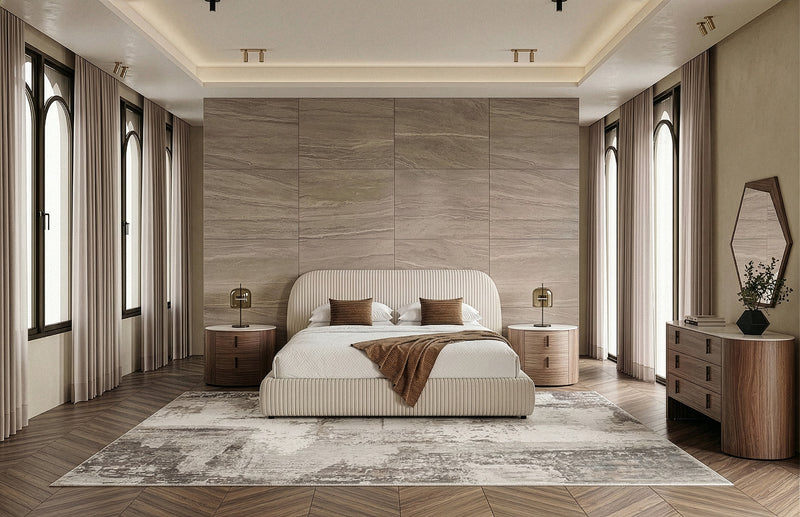 Hortman + Chelton - Modern Beige Velvet + Walnut 4-Piece Bedroom Set