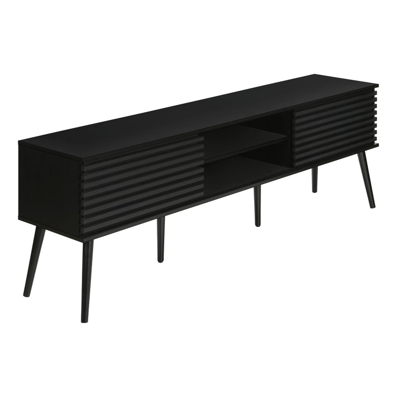 Modern black TV stand from 8th Street with storage shelves and cabinets, ideal for living room or bedroom entertainment setup.