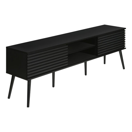 Modern black TV stand from 8th Street with storage shelves and cabinets, ideal for living room or bedroom entertainment setup.