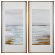 Set of two Uttermost Coastline framed prints with light brown wooden frames, featuring coastal landscape artwork.