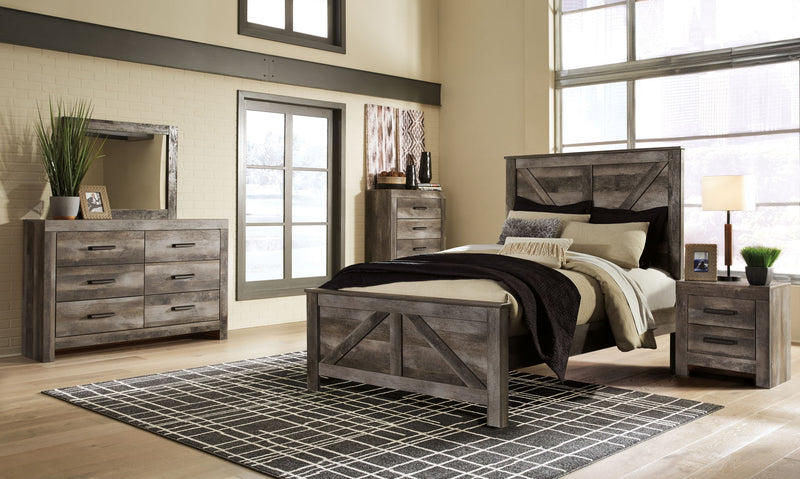 Signature Design by Ashley Wynnlow Crossbuck Panel 6 Piece Bedroom Set with matching bed, dresser, and nightstands in a modern style.
