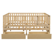DreamHaus storage daybed with fence guardrails, two drawers, split into independent floor bed and daybed, shown with bedding and pillows.
