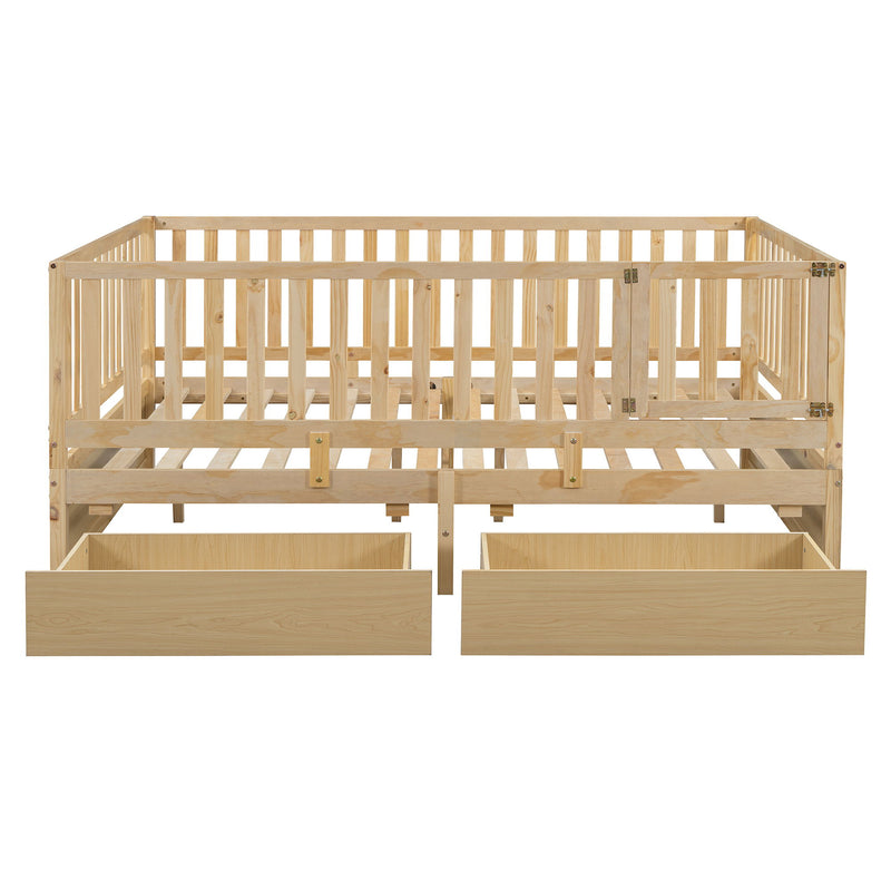 DreamHaus storage daybed with fence guardrails, two drawers, split into independent floor bed and daybed, shown with bedding and pillows.