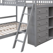 DreamHaus bunk bed with six drawers, flexible shelves, and a bottom bed on wheels, ideal for space-saving bedroom furniture.