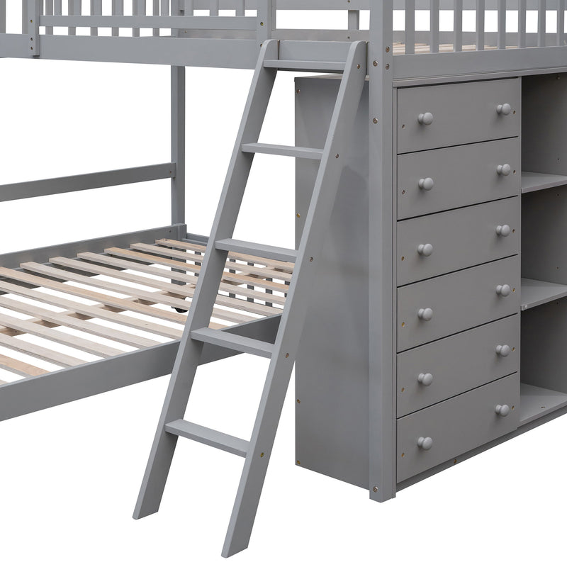 DreamHaus bunk bed with six drawers, flexible shelves, and a bottom bed on wheels, ideal for space-saving bedroom furniture.