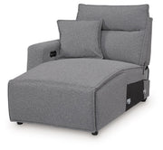 Signature Design by Ashley Modmax II reclining sectional in salt and pepper fabric, showing plush cushions and reclining features.