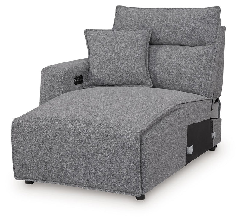 Signature Design by Ashley Modmax II reclining sectional in salt and pepper fabric, showing plush cushions and reclining features.