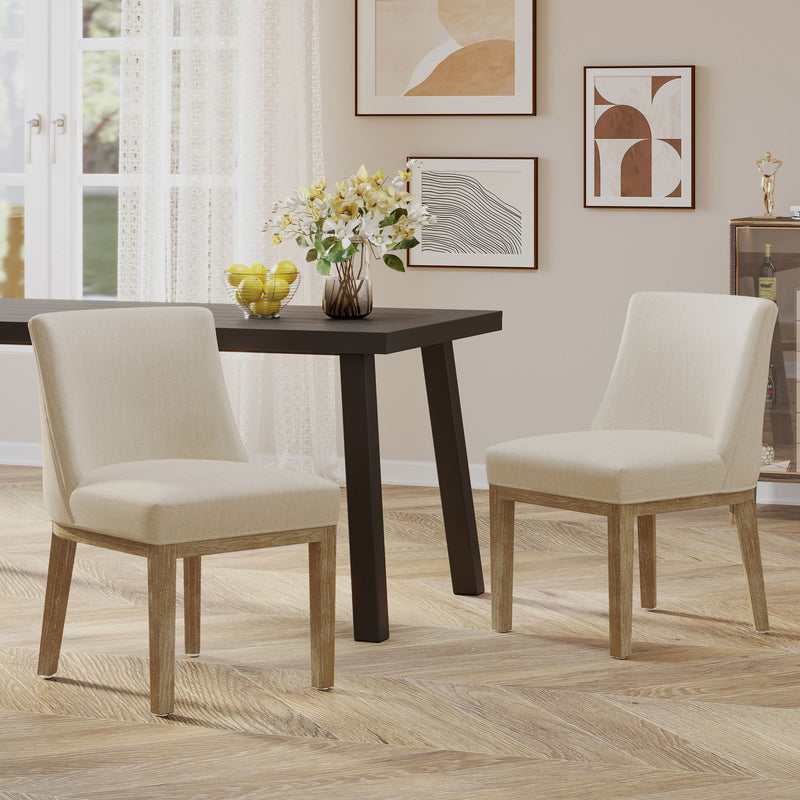 Set of two Noble House modern dining chairs with durable fabric upholstery and sturdy wooden frames, shown from a front angle.