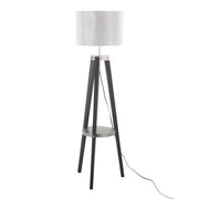 Lumi Source Compass mid-century modern floor lamp with integrated shelf, black metal stand and wooden accents for stylish lighting.