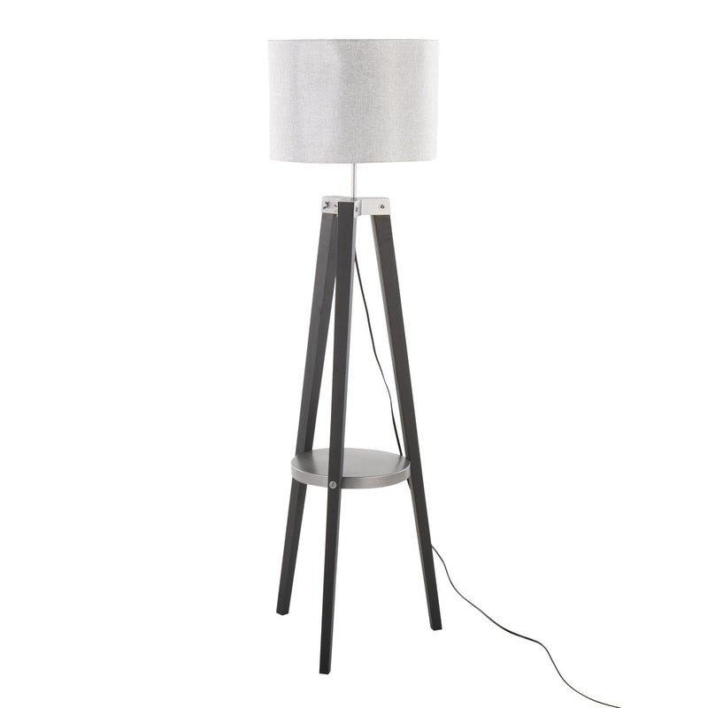 Lumi Source Compass mid-century modern floor lamp with integrated shelf, black metal stand and wooden accents for stylish lighting.