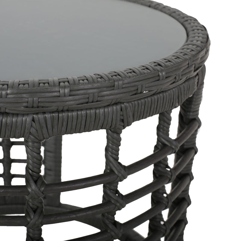 Achill - Outdoor Modern Boho Wicker Side Table With Glass Top - Gray - R&R Furniture Gallery (Fountain Valley, CA)