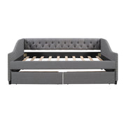 DreamHaus upholstered storage daybed with two drawers and wood slat support, showcasing a cozy, modern design with soft fabric upholstery.
