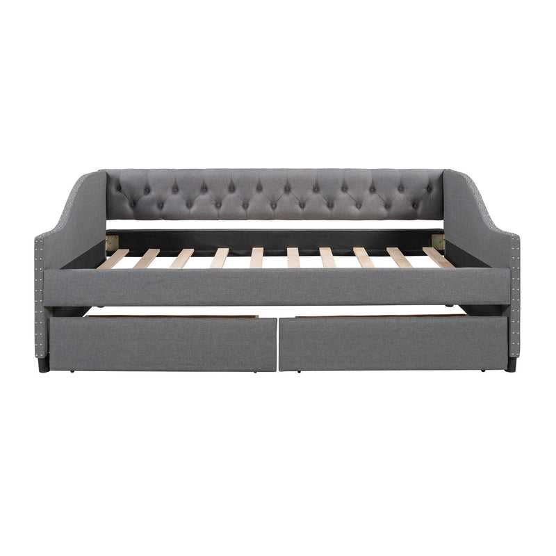 DreamHaus upholstered storage daybed with two drawers and wood slat support, showcasing a cozy, modern design with soft fabric upholstery.
