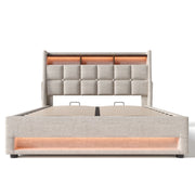 Artistry At Home upholstered platform storage bed with hydraulic lifting, LED lighting, and USB charging ports, without mattress.