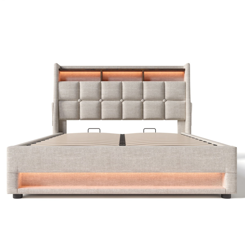 Artistry At Home upholstered platform storage bed with hydraulic lifting, LED lighting, and USB charging ports, without mattress.