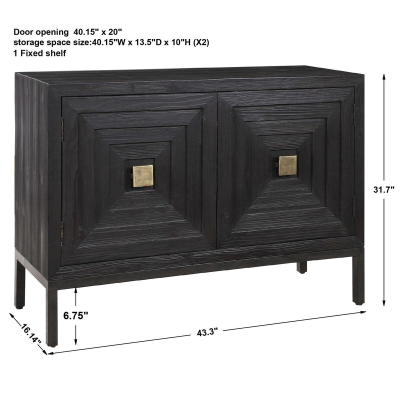 Uttermost Aiken accent cabinet with a sleek wooden finish and modern design, featuring two doors and decorative hardware.