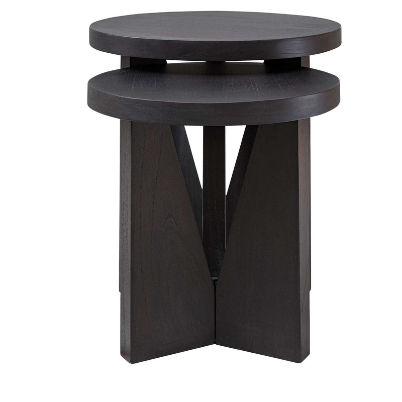 Uttermost Nadette nesting tables set of 2 with sleek wooden tops and metal frames for modern living room decor.