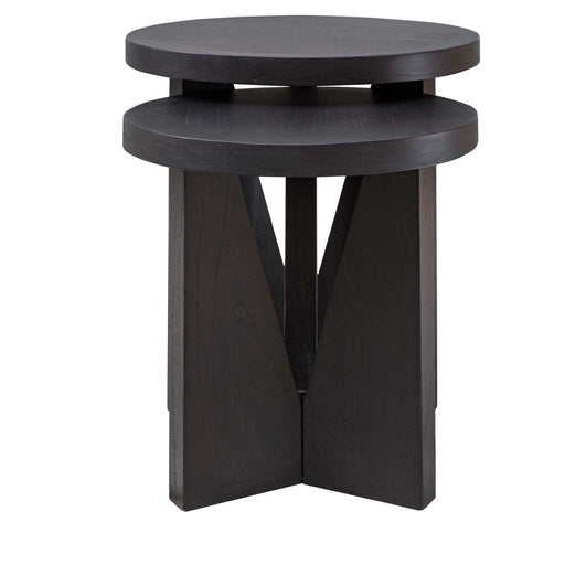 Uttermost Nadette nesting tables set of 2 with sleek wooden tops and metal frames for modern living room decor.