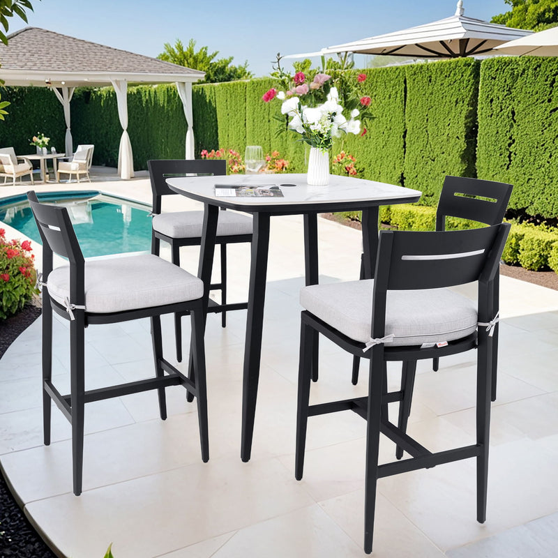 Modern Outdoor Patio Bar Set, Rounded Square Table & Bar Chairs, Non Rust Frame, Tapered Legs, Sunbrella Cushion - R&R Furniture Gallery (Fountain Valley, CA)