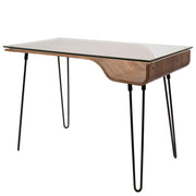 Lumi Source Avery mid-century modern walnut writing desk with clear and black accents, featuring sleek wooden legs and a spacious tabletop.