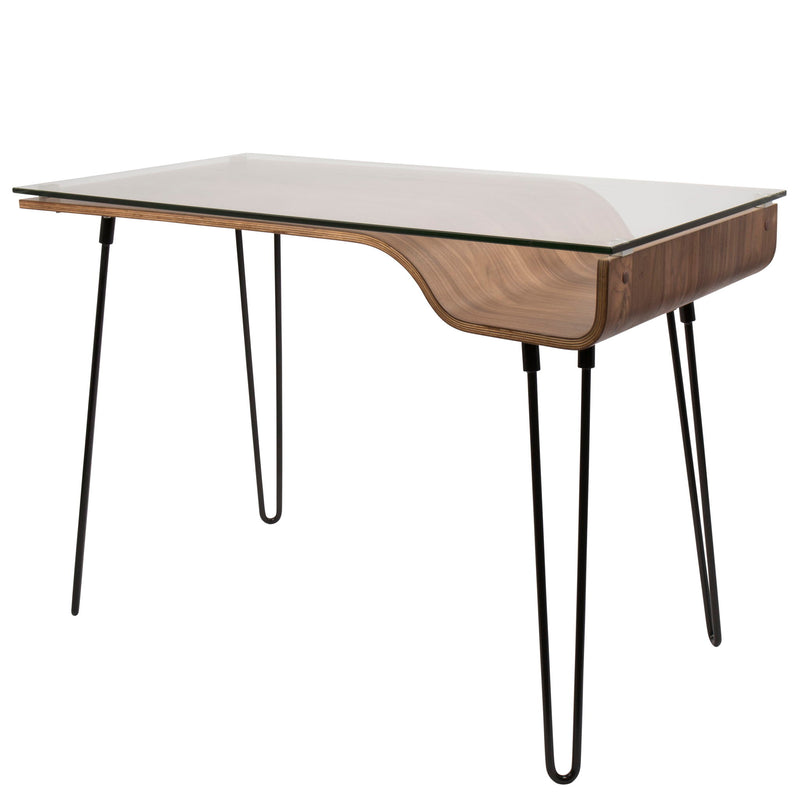 Lumi Source Avery mid-century modern walnut writing desk with clear and black accents, featuring sleek wooden legs and a spacious tabletop.