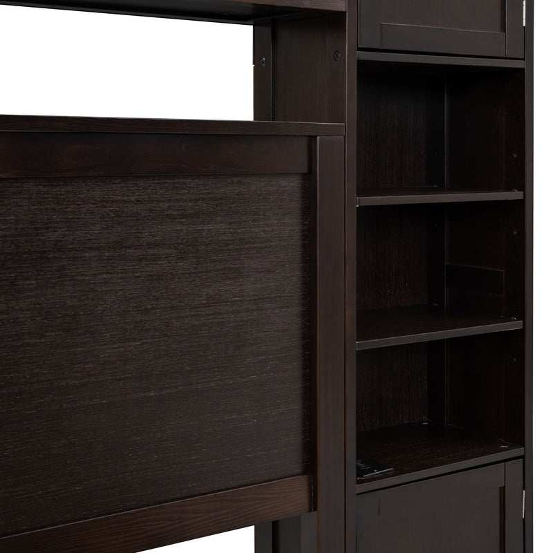 DreamHaus cabinet bed with integrated shelf, sockets, and twin long trundle, showcasing a compact, multifunctional bedroom furniture piece.