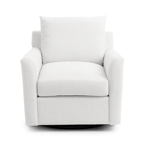 Classic Home Olivia swivel chair with padded fabric upholstery and a modern design on a swivel base.