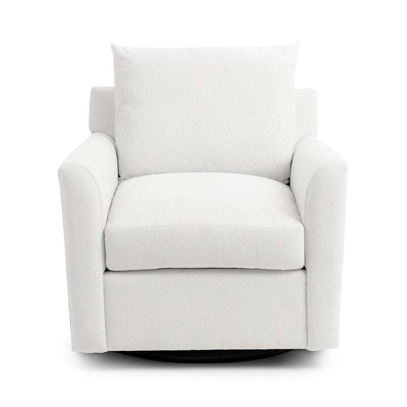 Classic Home Olivia swivel chair with padded fabric upholstery and a modern design on a swivel base.