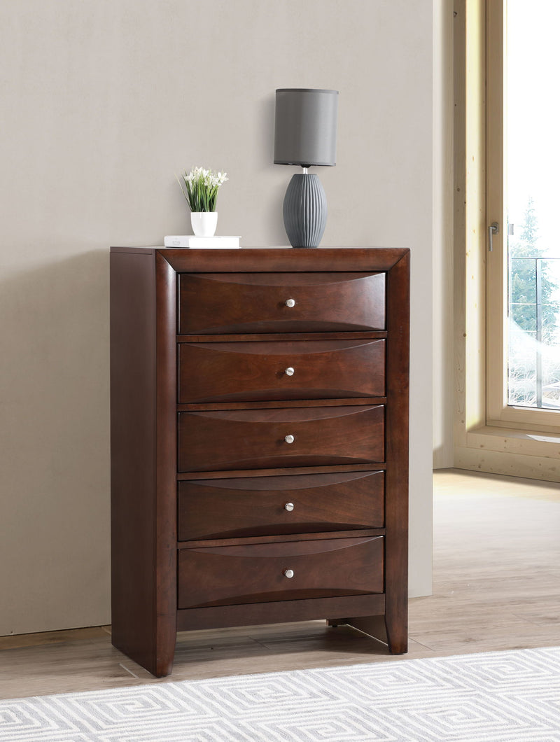 Marilla accent chest by Glory Furniture featuring a stylish wooden design with metal handles and storage drawers.